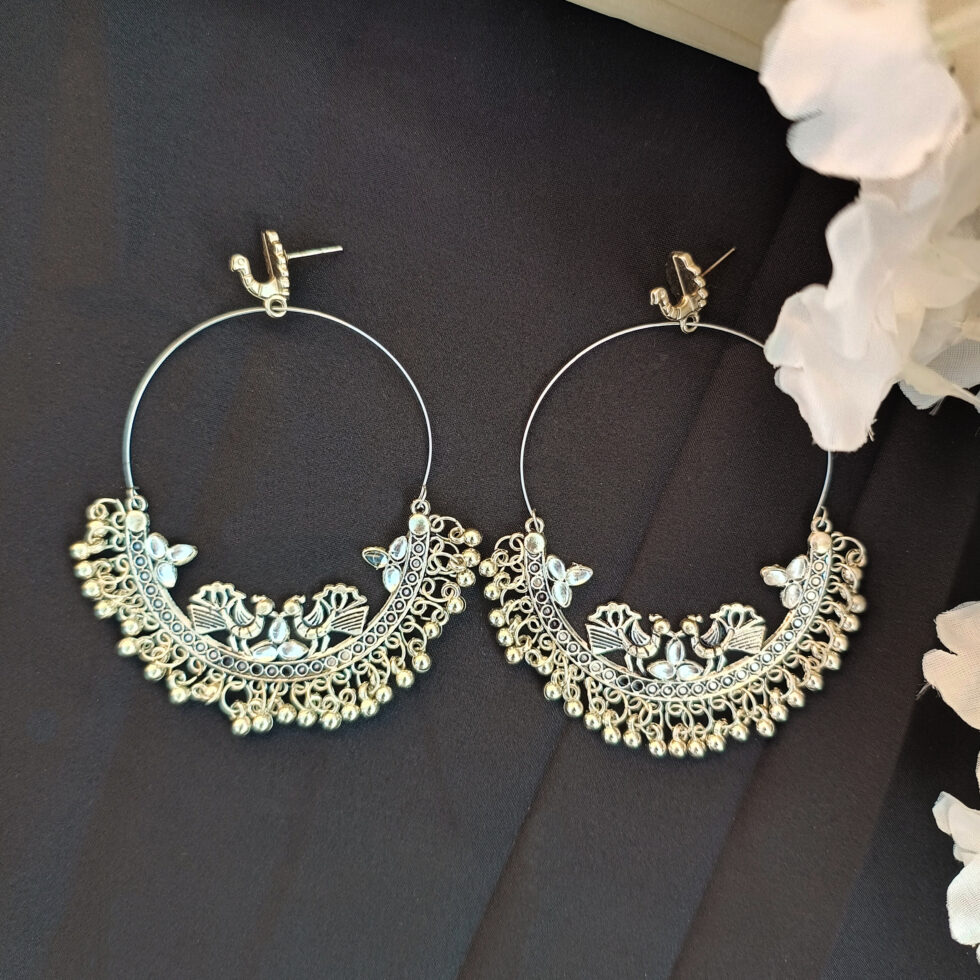 Oxidised Silver Chandbali Hoop Earrings.blingytrends.com