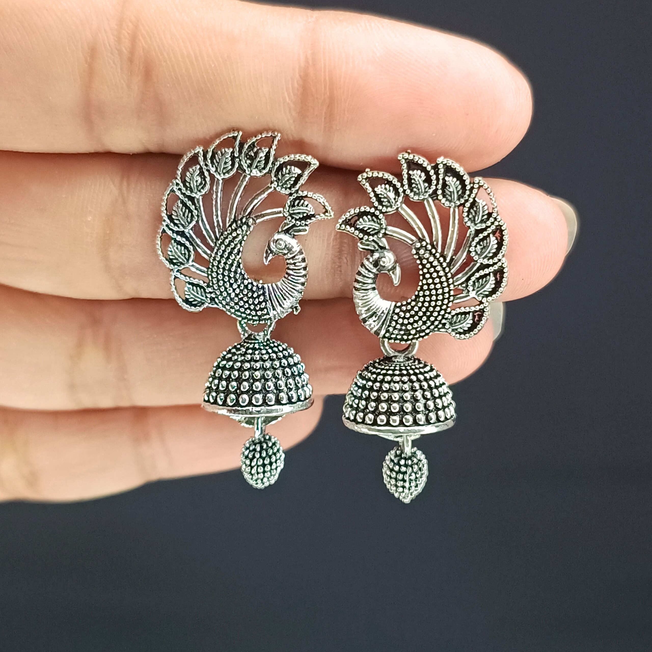 Oxidized Peacock Jhumka Drop Earrings-blingytrends.com