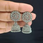 Floral Charm Silver Oxidised Jhumka Earrings