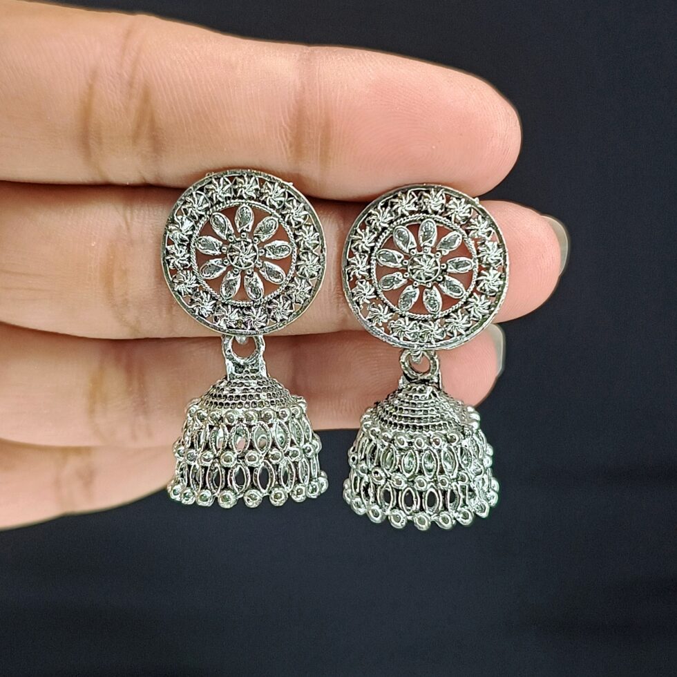 Floral Charm Silver Oxidised Jhumkas-blingytrends.com