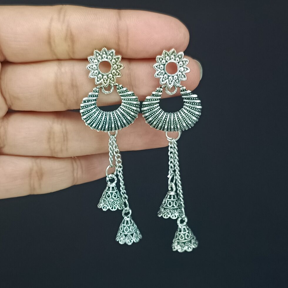 Long Oxidised Silver Danglers with Small Jhumki-blingytrends.com