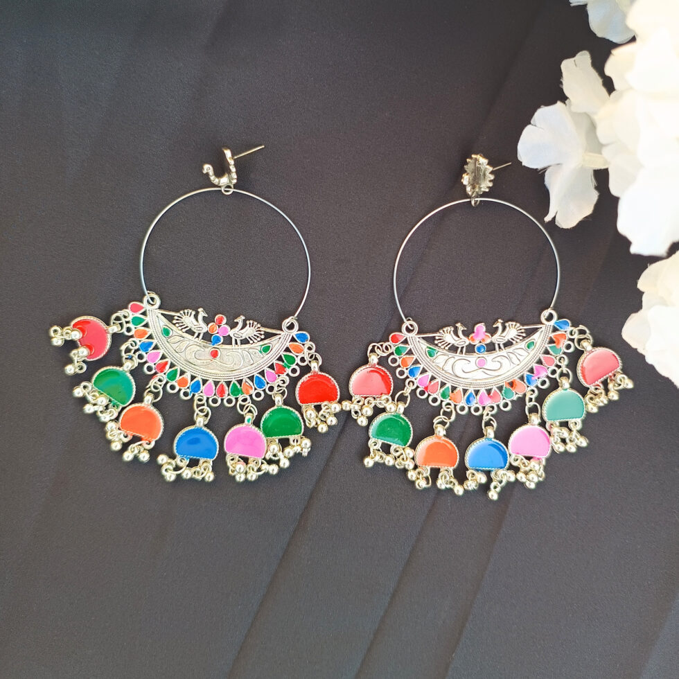 Oxidised Silver Meenakari Work Multicolor Chandbali Earring for Women & Girls-blingytrends.com