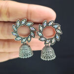 Oxidised Leafy Circle Stone Jhumki