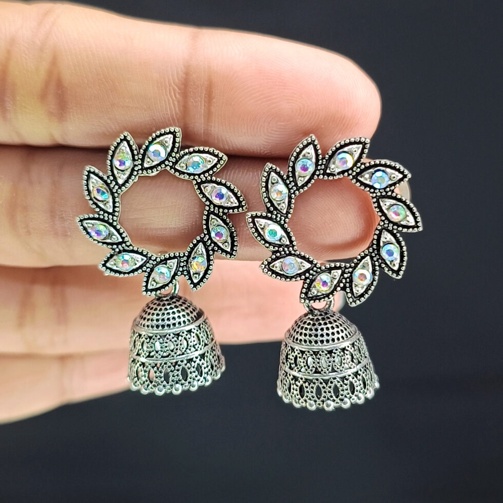 Oxidised Leafy Circle Stone Jhumki-blingytrends.com