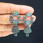 Chic Floral Design Silver Oxidised Jhumka Drops