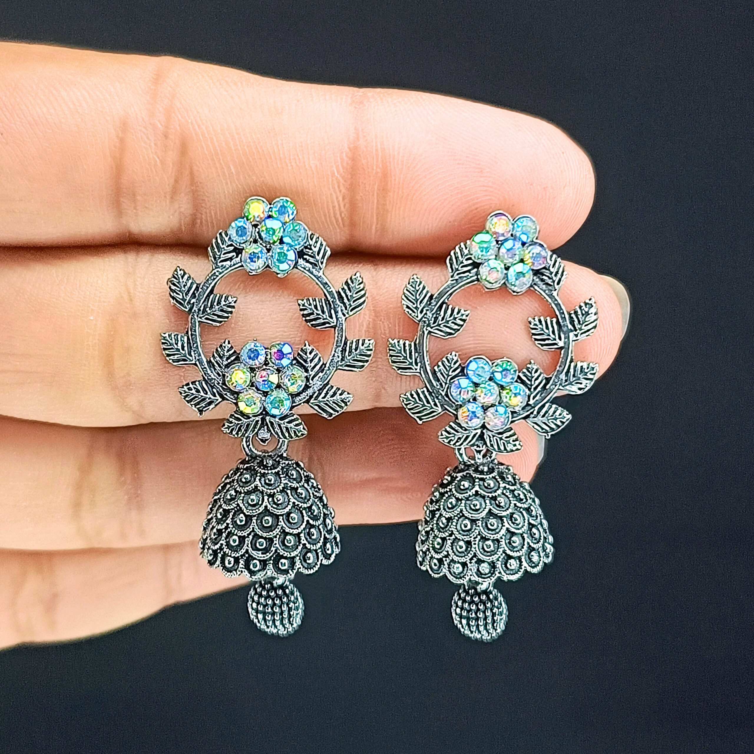 Chic Floral Design Silver Oxidised Jhumka Drops-blingytrends.com