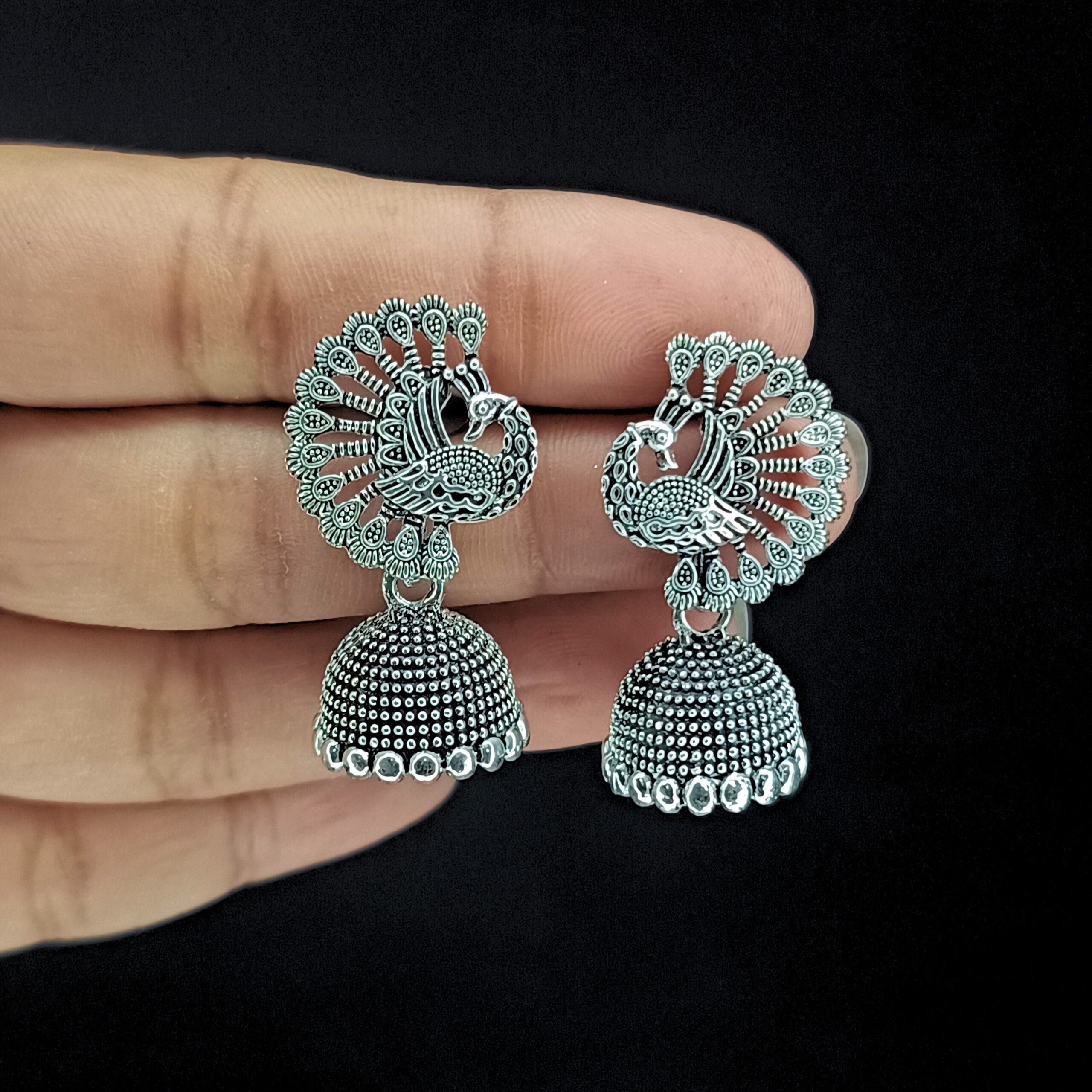 Peacock Design Silver Oxidised Jhumki-blingytrends.com