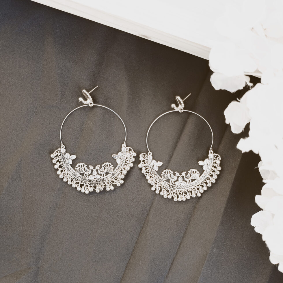 Oxidised Silver Chandbali Hoop Earrings-blingytrends.com