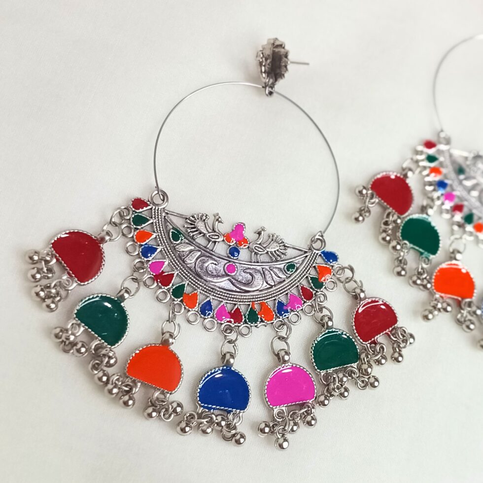 Oxidised Silver Meenakari Work Multicolor Chandbali Earring for Women & Girls-blingytrends.com