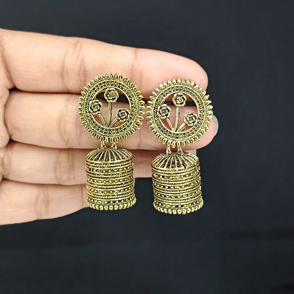 Golden Oxidized Jhumkas with Floral Pattern-blingytrends.com