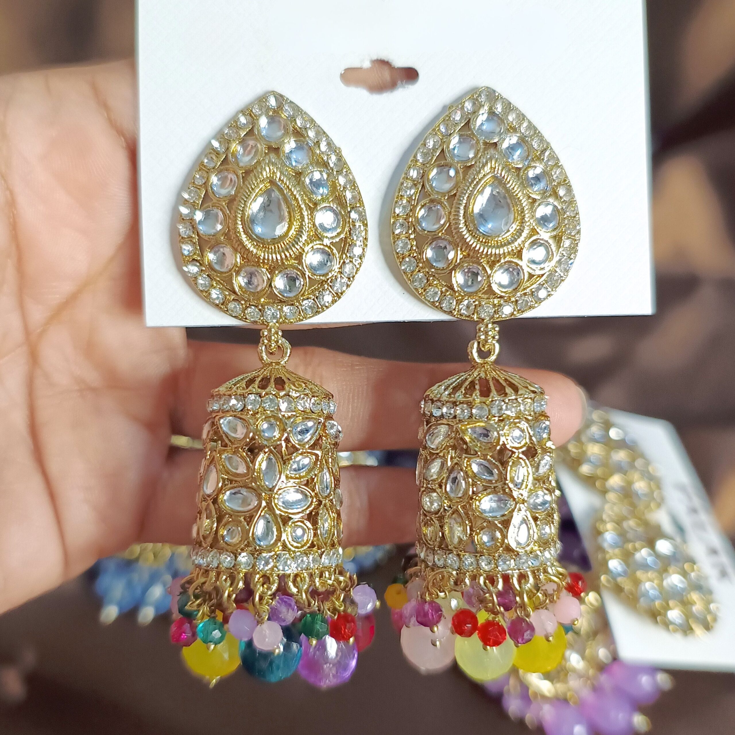 Aliza Ethnic Golden Jhumka Earrings - Multicolor-blingytrends.com