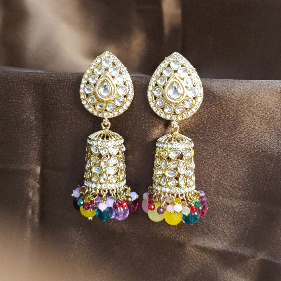 Aliza Ethnic Golden Jhumka Earrings - Multicolor-blingytrends.com