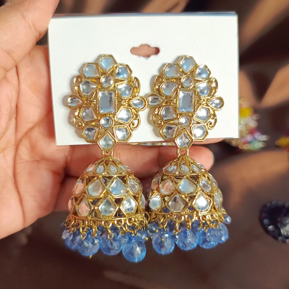 Afina Golden Jhumka Earrings with Blue Crystals-blingytrends.com