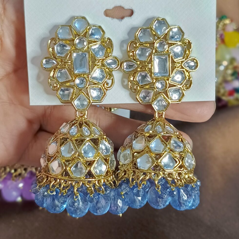 Afina Golden Jhumka Earrings with Blue Crystals-blingytrends.com