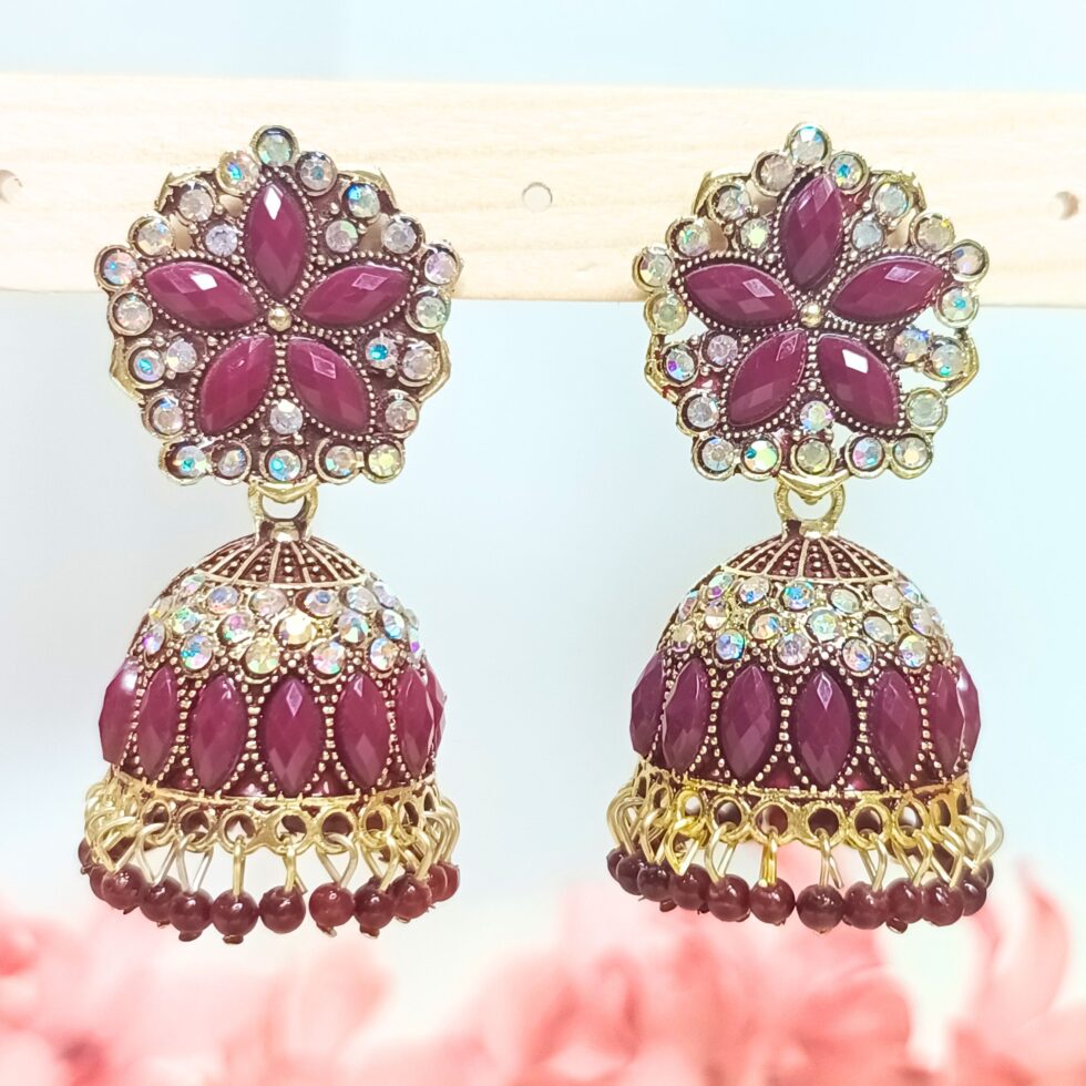 Rashida Stone Jhumka Earrings - Maroon-blingytrends.com