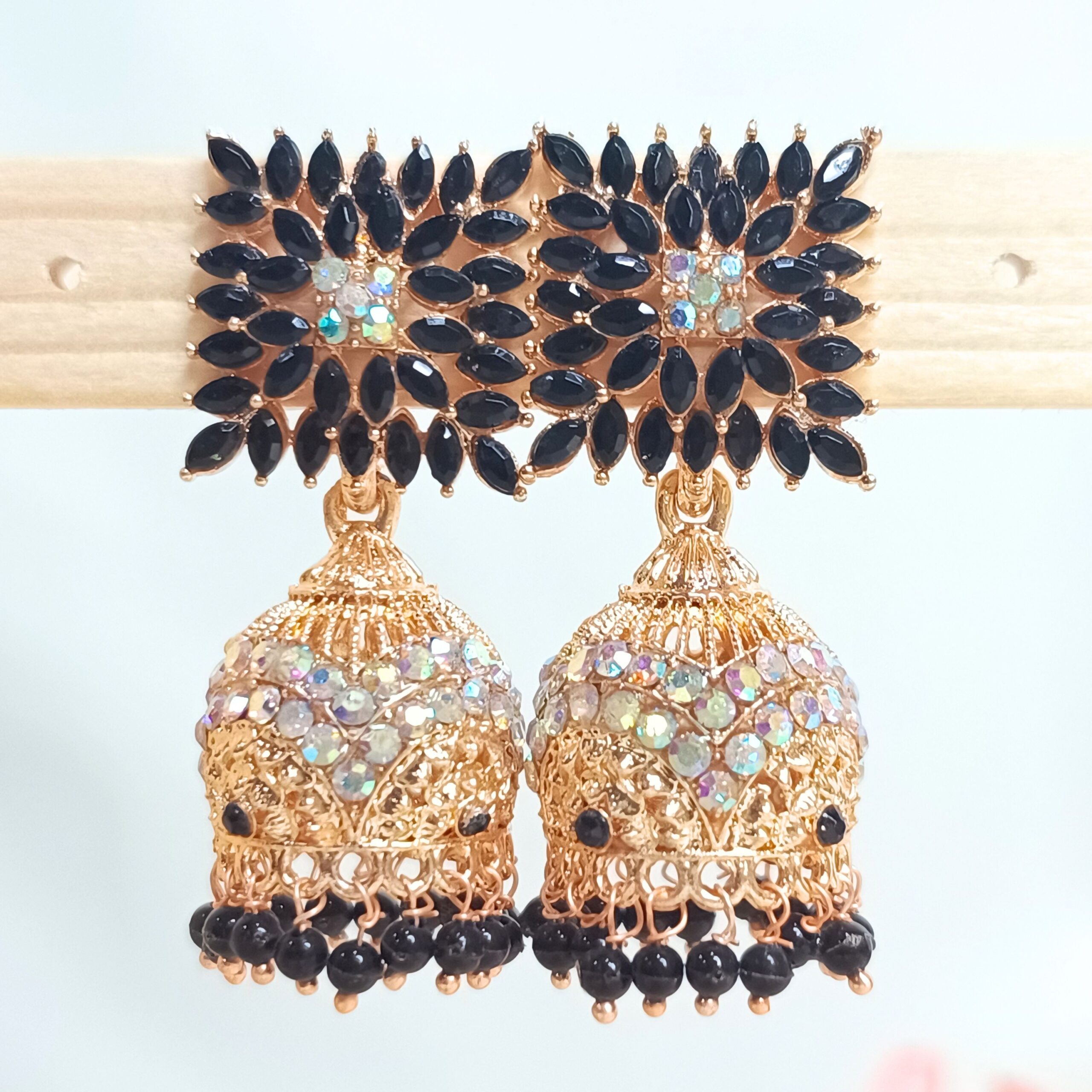 Kiara Stone Jhumka Earrings - Black-blingytrends.com