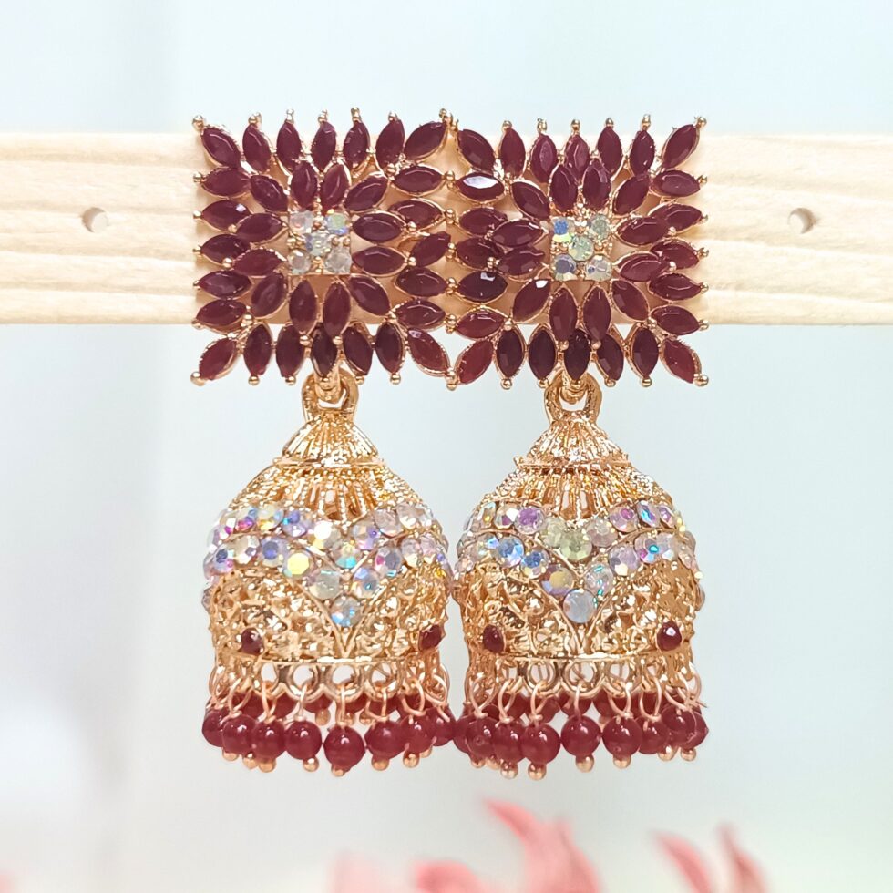 Akari Stone Jhumka Earrings - Maroon-blingytrends.com