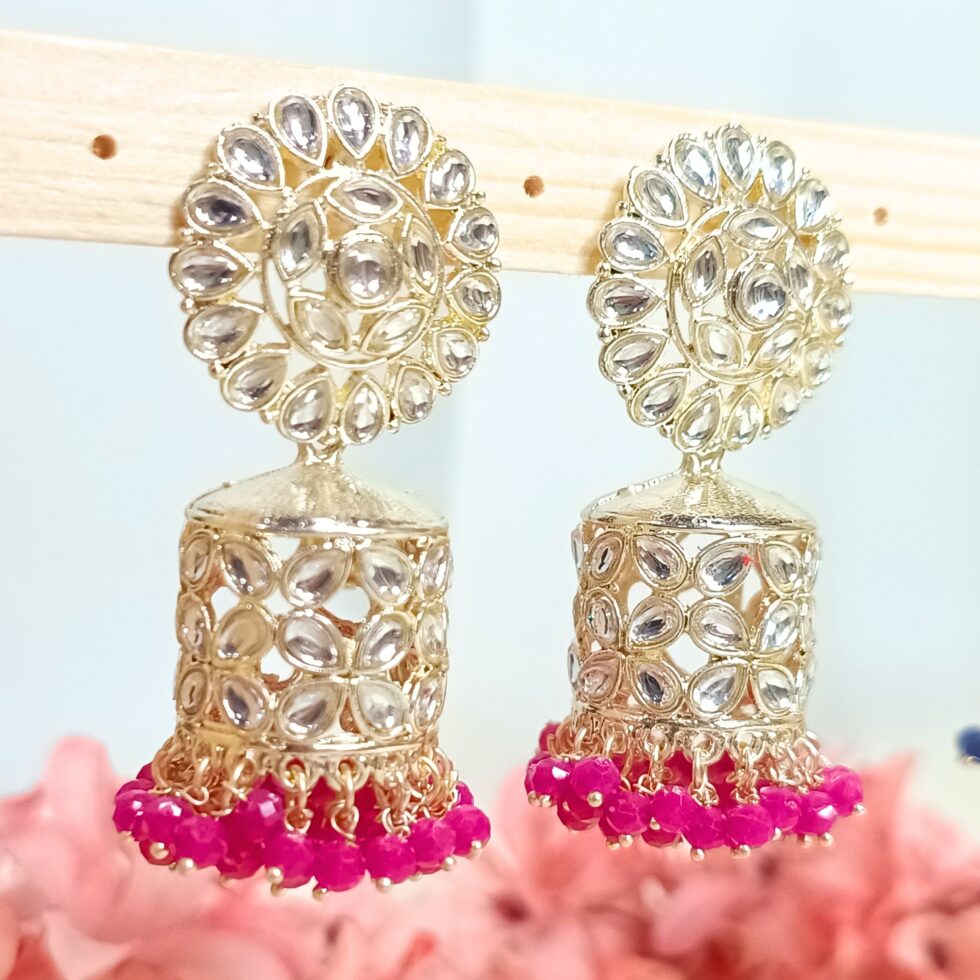 Mariam Kundan Meenakari Jhumka Earrings - Pink-blingytrends.com