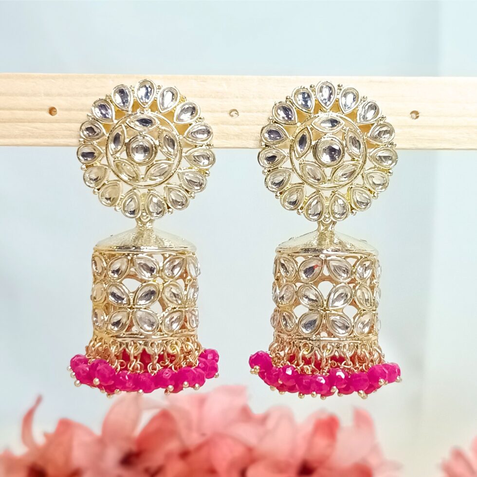 Mariam Kundan Meenakari Jhumka Earrings - Pink-blingytrends.com