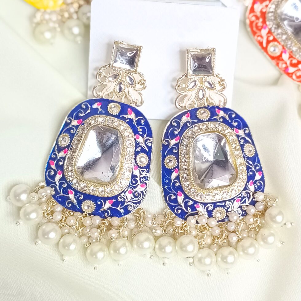 Shyama Kundan Meenakari Earrings - Blue-blingytrends.com