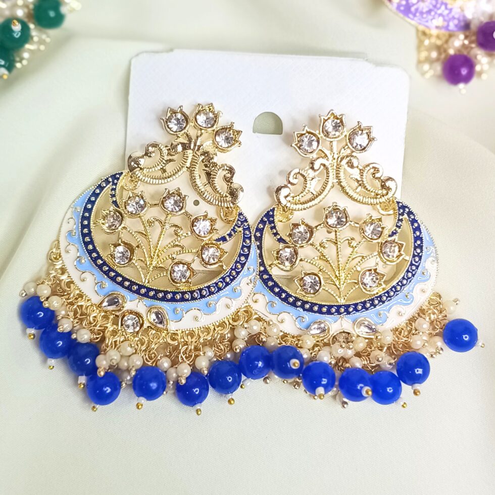 Nora Kundan Meenakari Chandbali Earrings - Blue-blingytrends.com