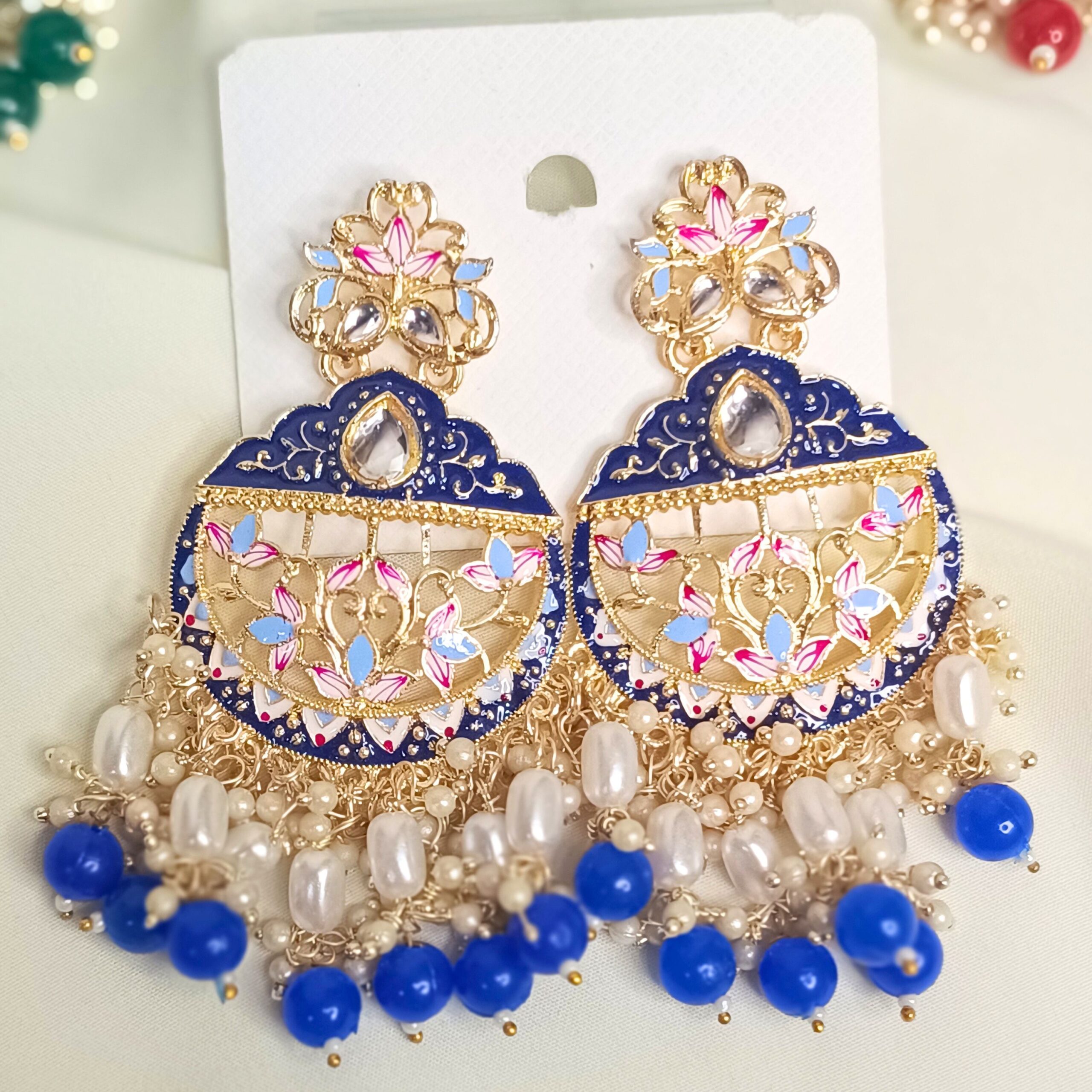 Tara Kundan Meenakari Chandbali Earrings - Blue-blingytrends.com