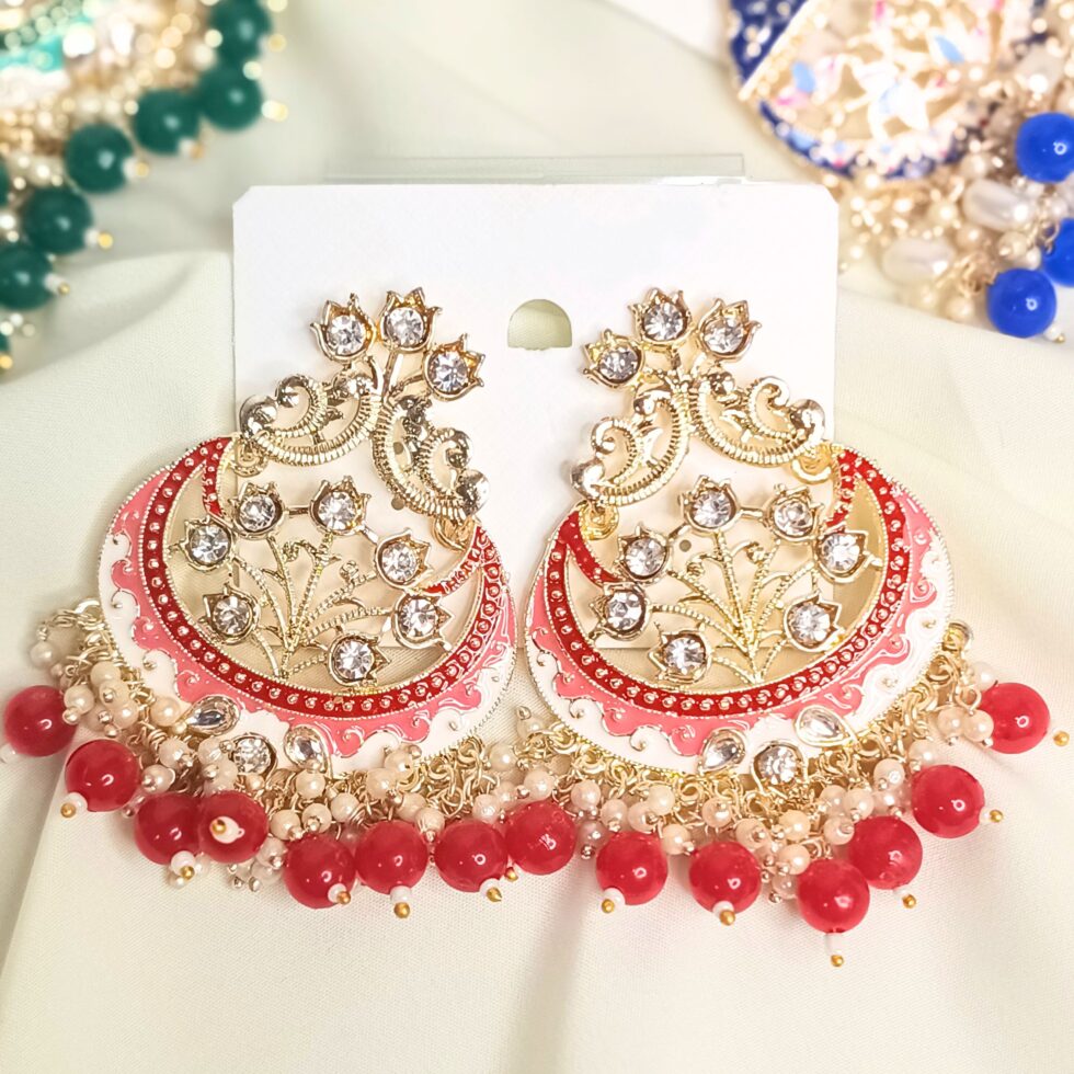 Rosa Kundan Meenakari Chandbali Earrings - Red-blingytrends.com