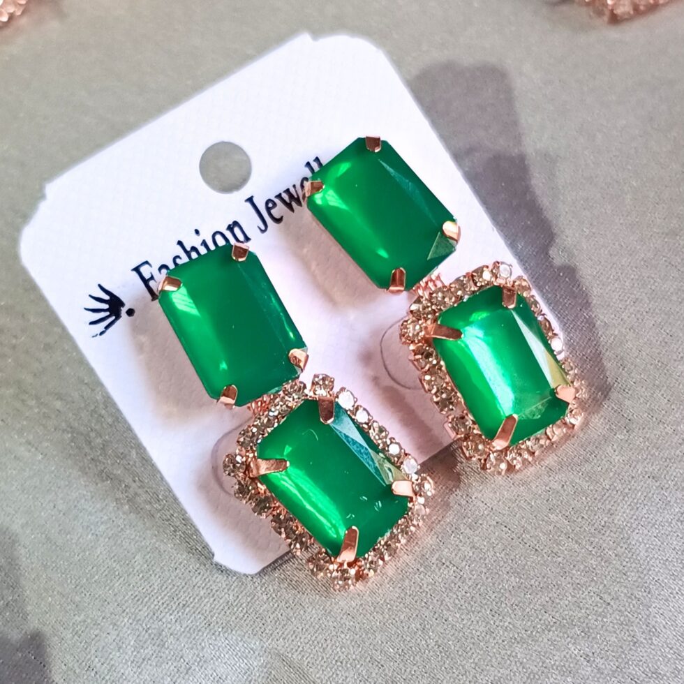 Green Stone Drop Earrings with Sparkling Rhinestones-blingytrends.com