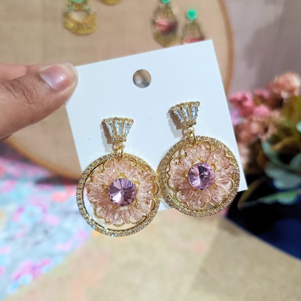 Pink Petal Crystal Blossom Earrings-blingytrends.com