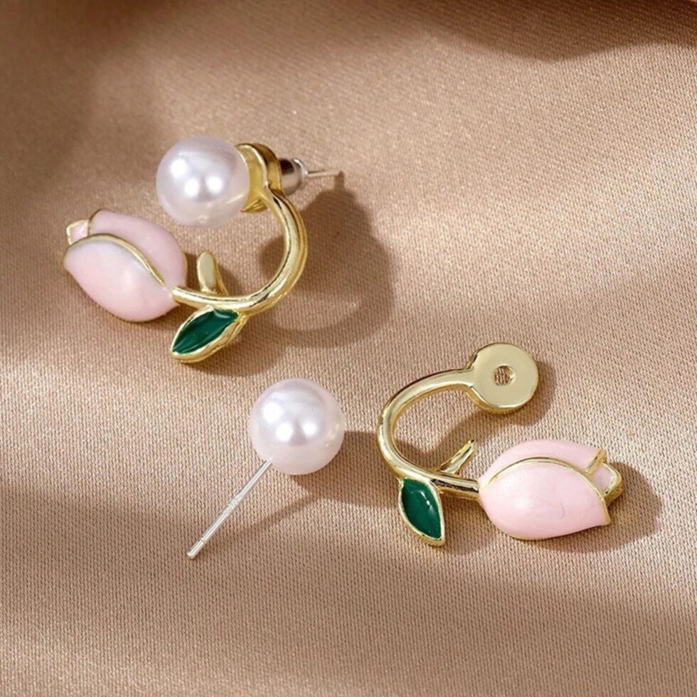 Pink Tulip Gold-Plated Korean Stud Earrings-blingytrends.com