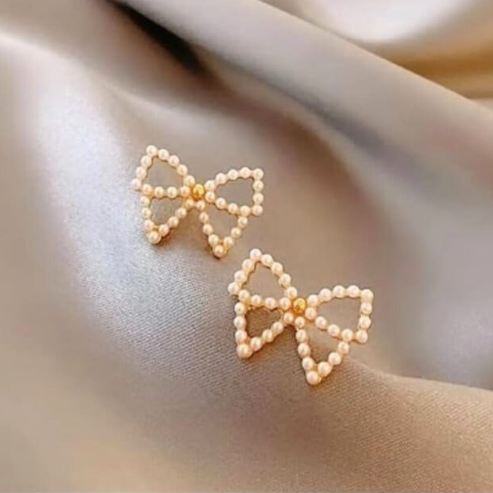 White Pearl Bow Earrings-blingytrends.com