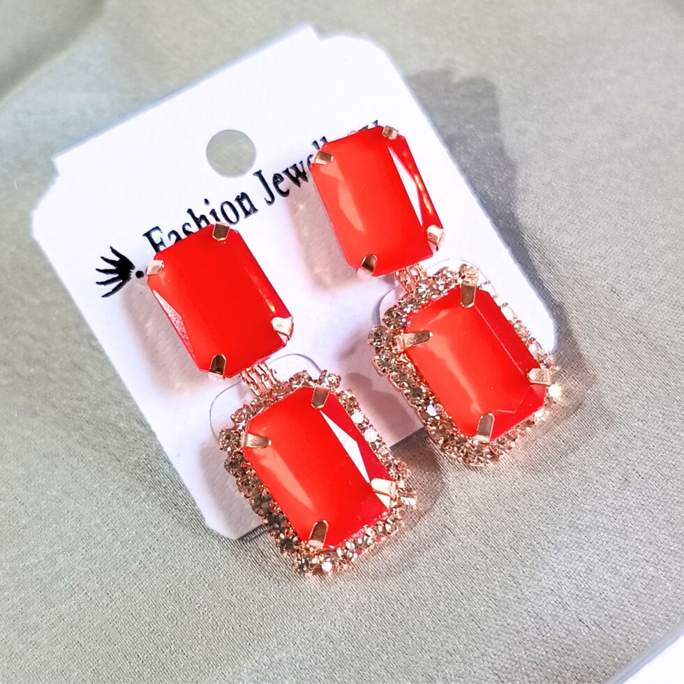 Red Stone Drop Earrings with Sparkling Rhinestones-blingytrends.com